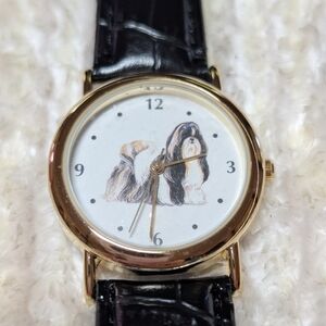 Unisex Gold Tone Shih Tzu Watch With Black Leather Strap